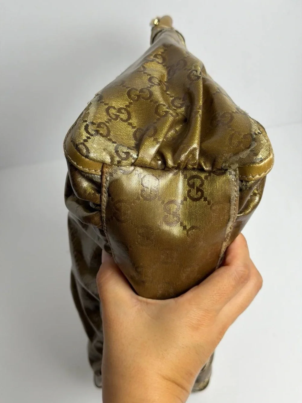 Gucci Abby Gold Leather Coated Monogram Canvas Hobo Shoulder Bag - Picture 12 of 16